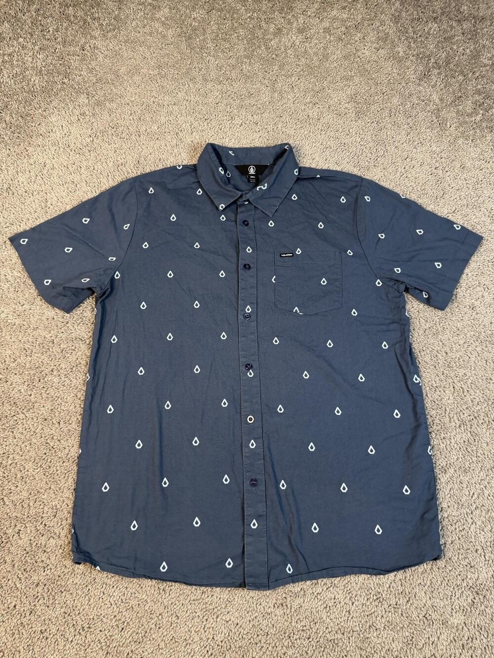 Volcom Shirt Mens L Blue Short Sleeve Button Up Cotton Graphic Pocket Relaxed